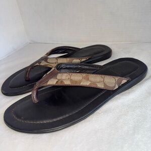Coach Men's Brown And Tan Leather Monogram Flip Flops Sandals-Size 10